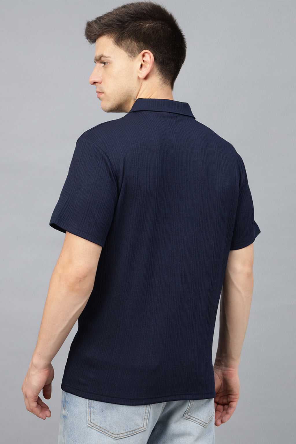 Navy Textured Plain Regular Fit Zipper Polo Exclusive T-shirt
