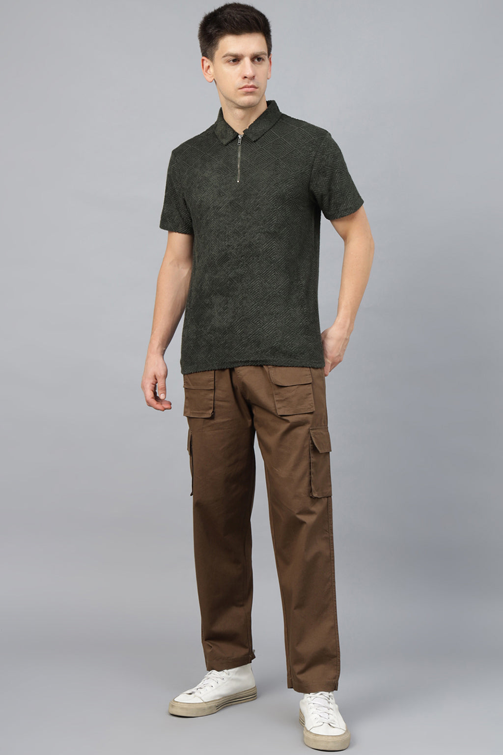 Olive Jacquard Plain Regular Fit Zipper Polo Exclusive T-shirt