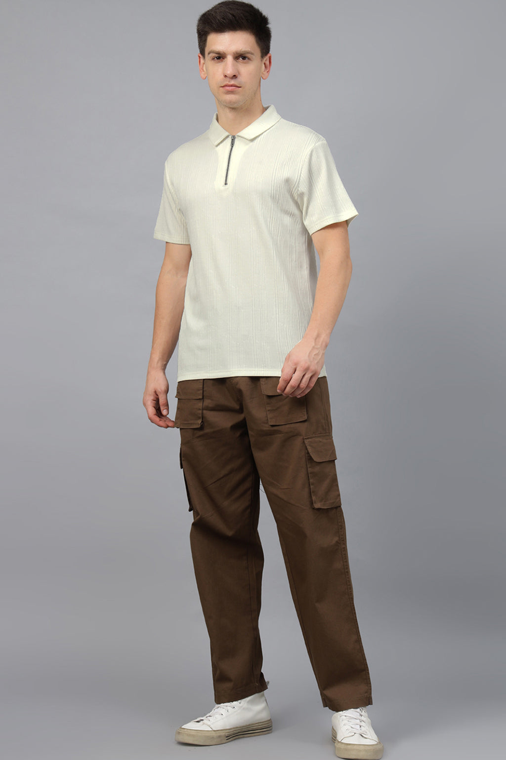 White Textured Plain Regular Fit Zipper Polo Exclusive T-shirt