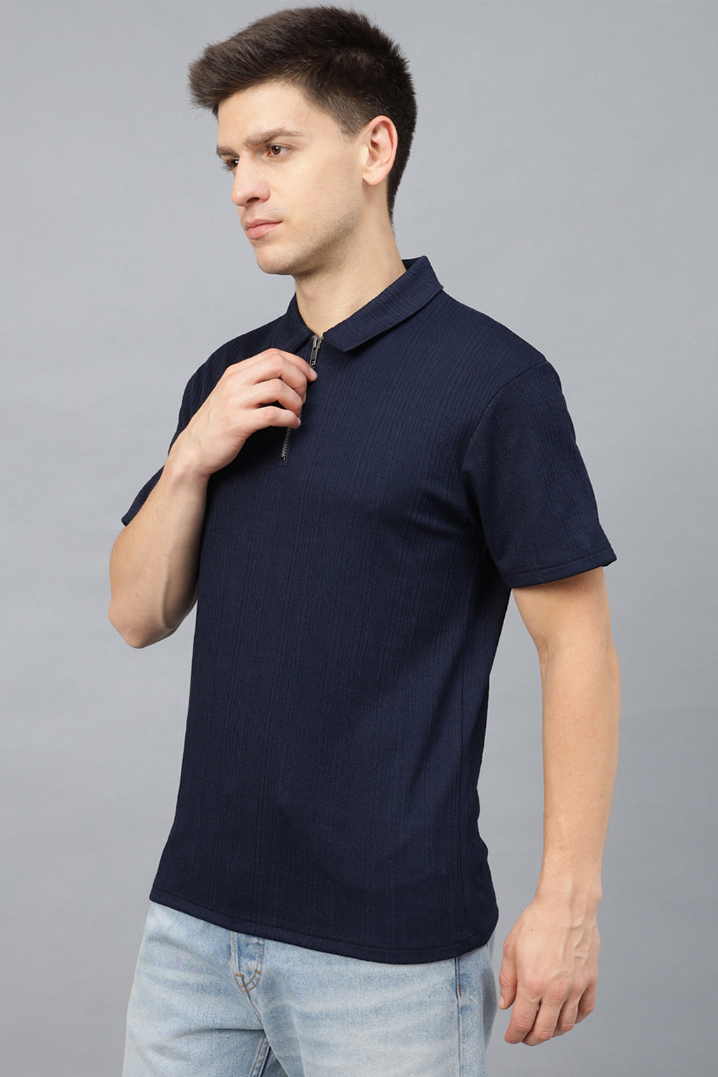 Navy Textured Plain Regular Fit Zipper Polo Exclusive T-shirt