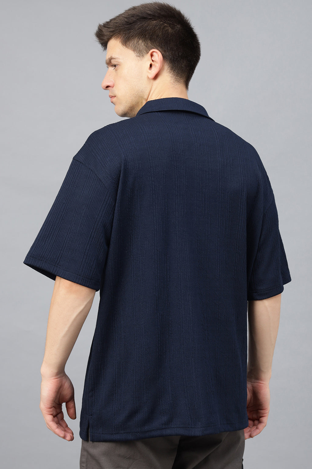 Navy Textured Plain Oversized Exclusive Shirt
