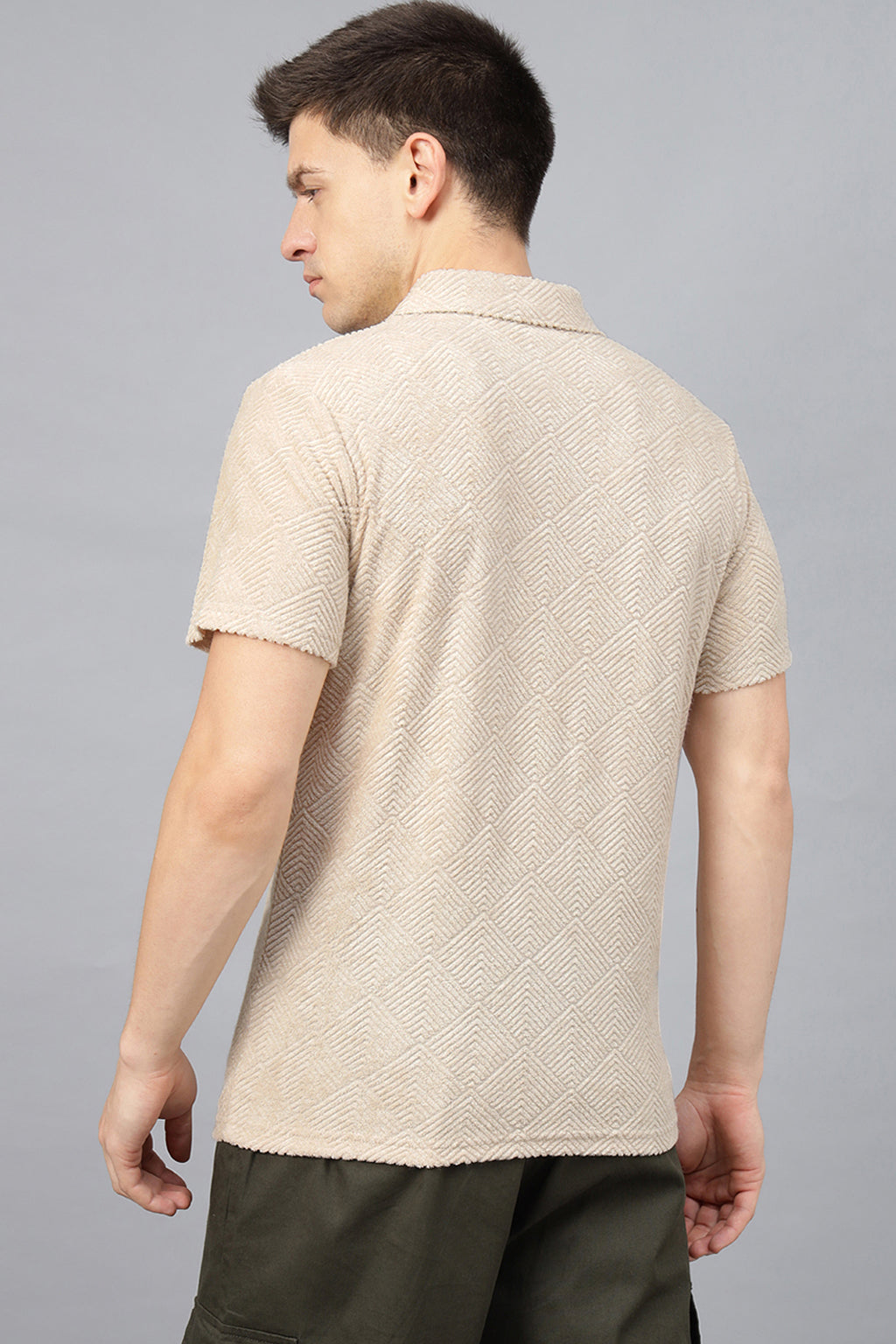 Beige Jacquard Plain Regular Fit Zipper Polo Exclusive T-shirt