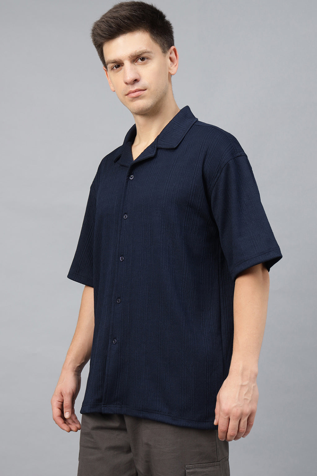 Navy Textured Plain Oversized Exclusive Shirt