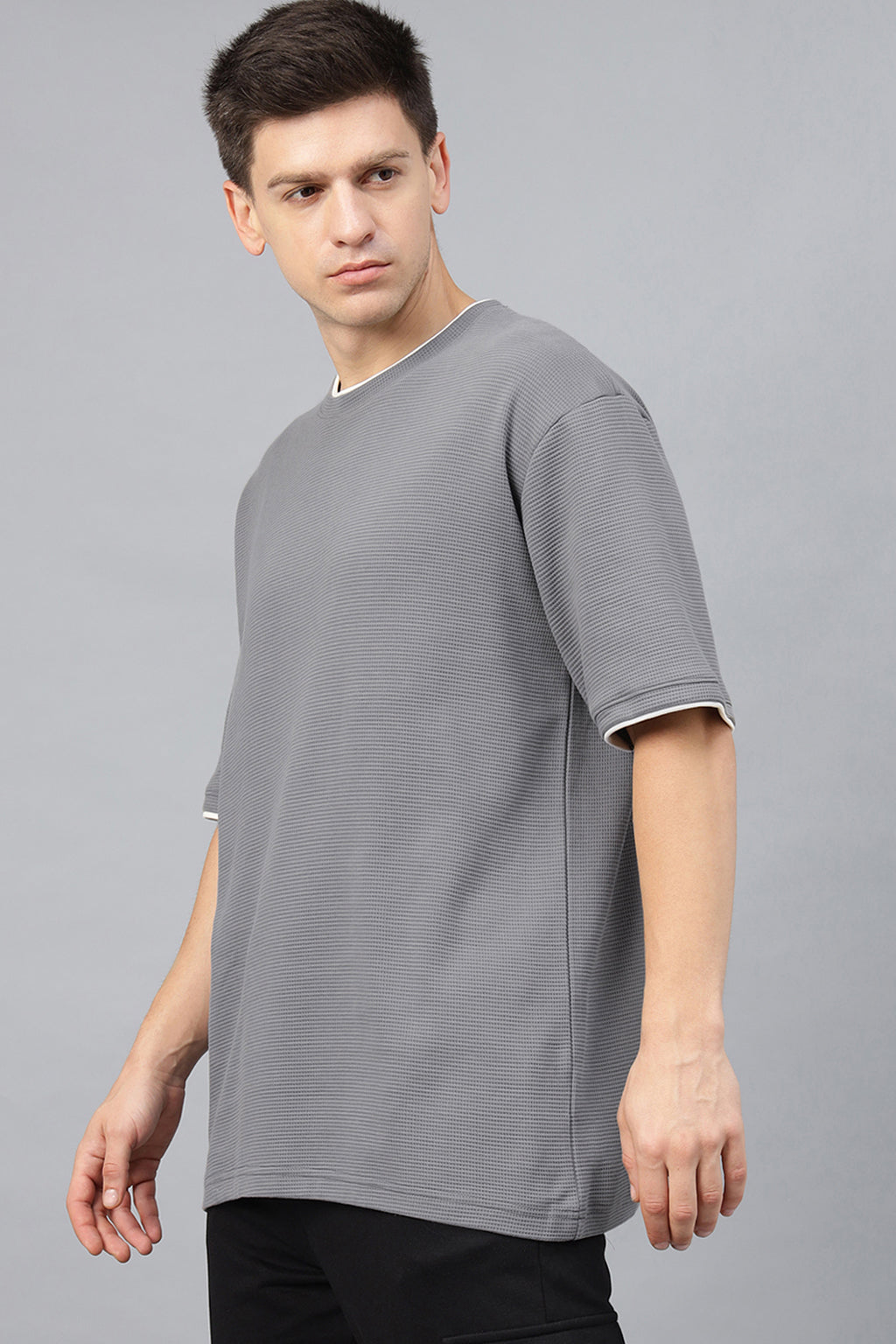 Grey & Mushroom Textured Plain Oversized Exclusive T-shirt
