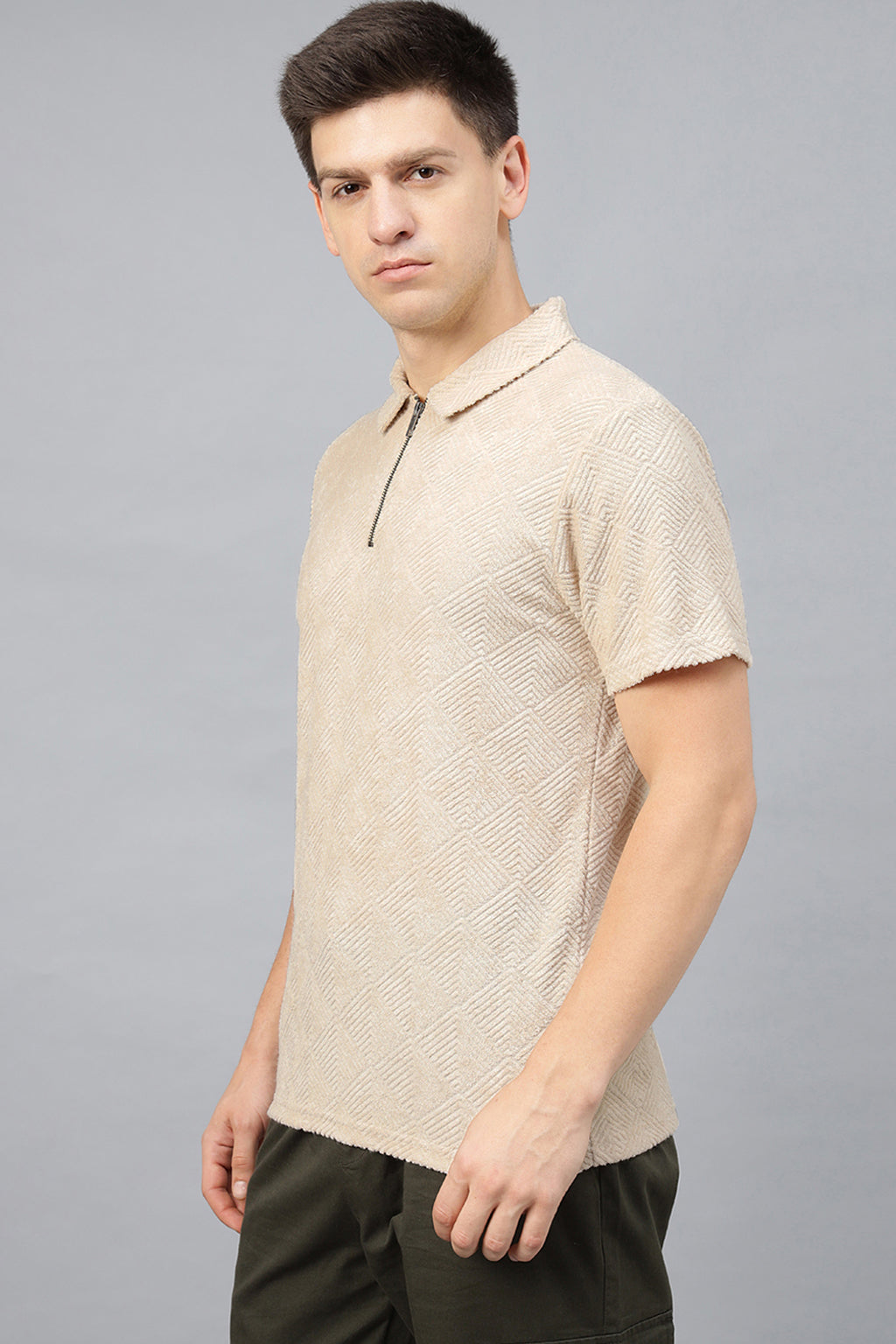 Beige Jacquard Plain Regular Fit Zipper Polo Exclusive T-shirt