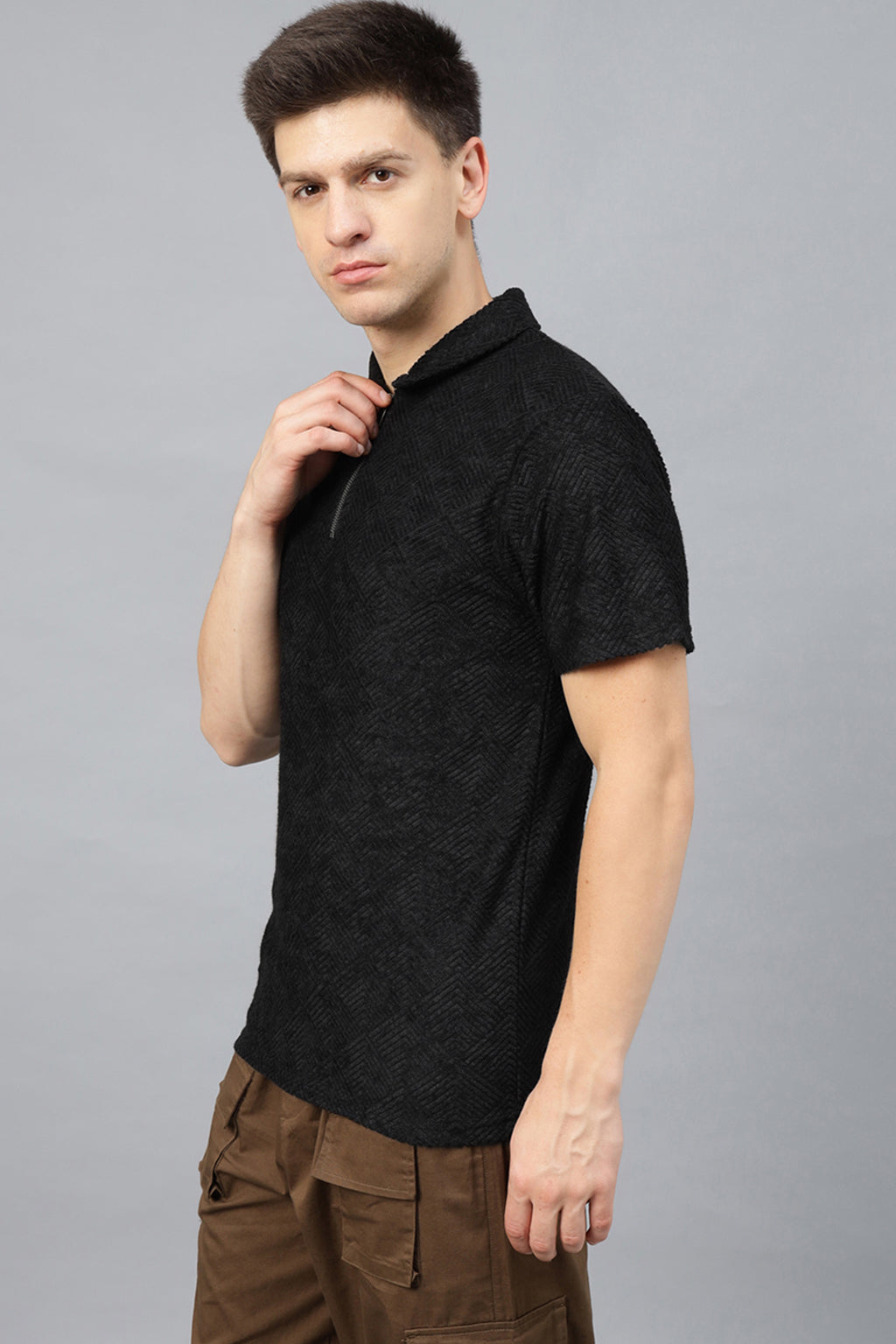Black Jacquard Plain Regular Fit Zipper Polo Exclusive T-shirt