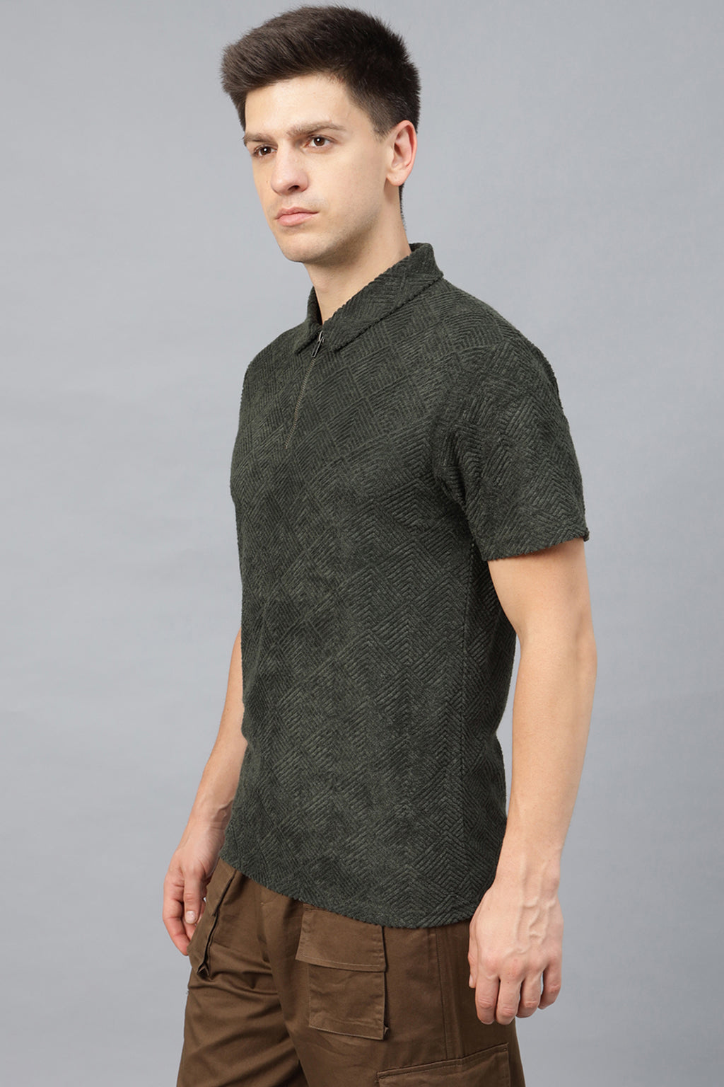 Olive Jacquard Plain Regular Fit Zipper Polo Exclusive T-shirt