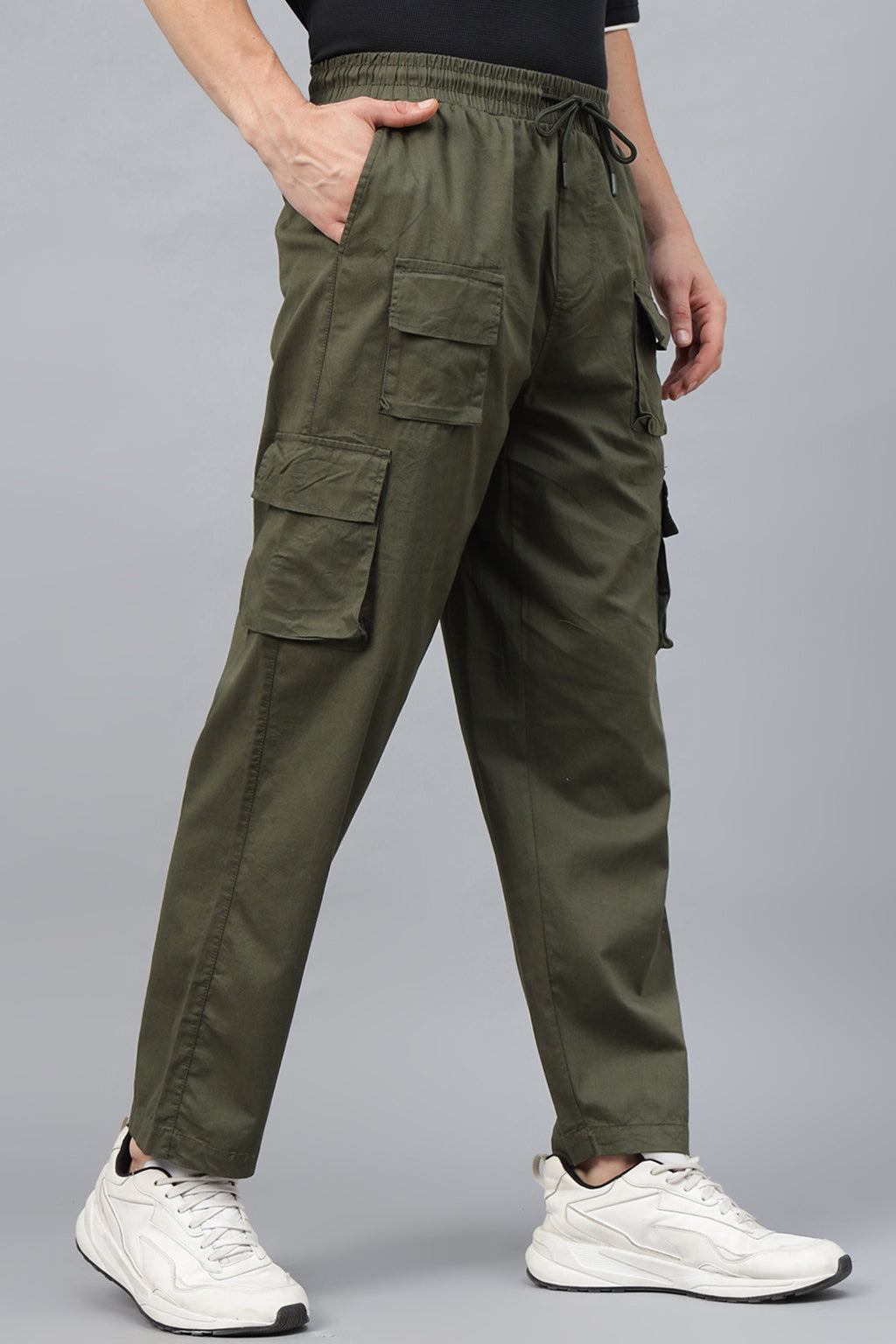 Olive Pure Cotton Baggy Fit 6 Pocket Cargo