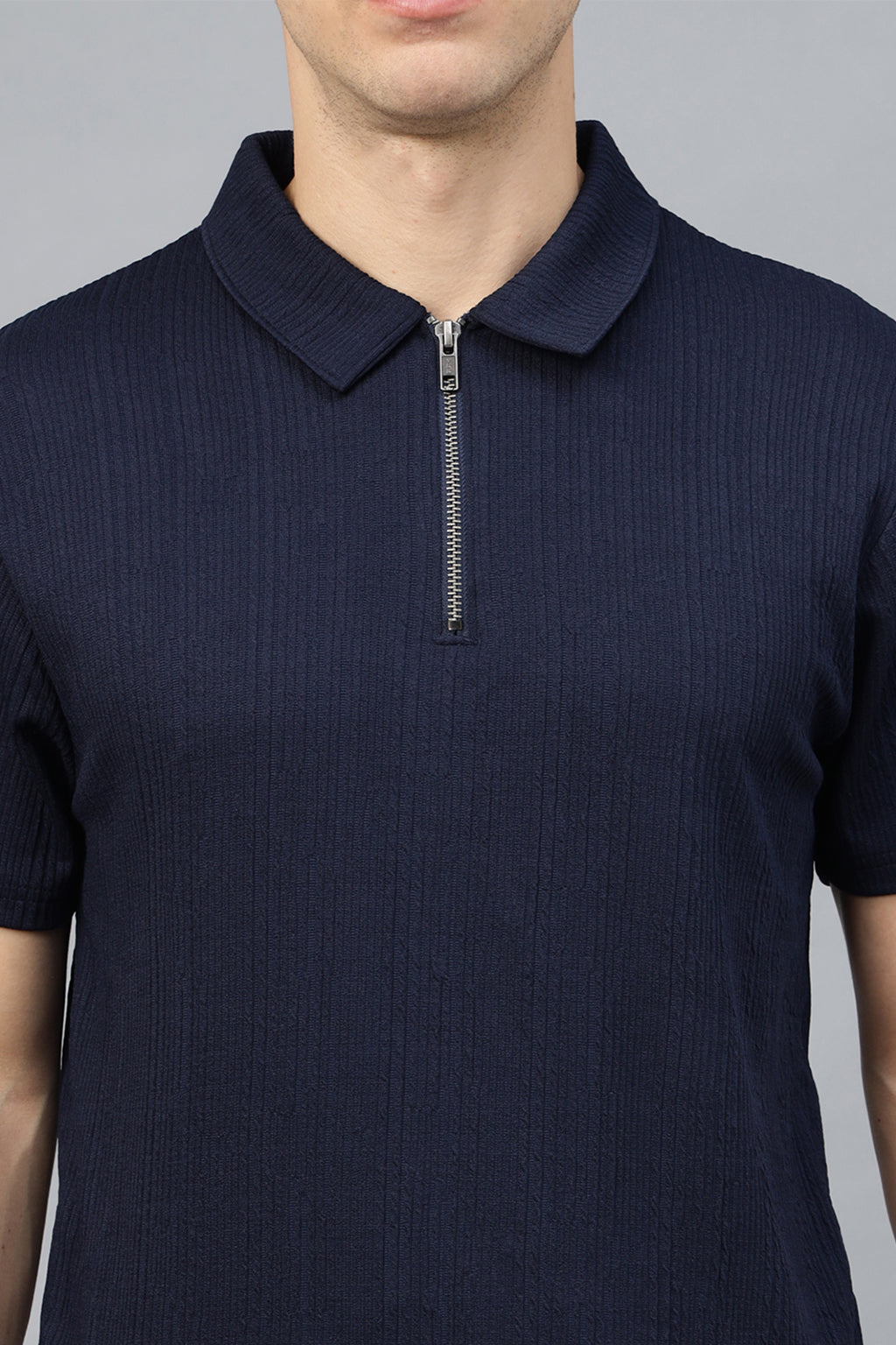 Navy Textured Plain Regular Fit Zipper Polo Exclusive T-shirt