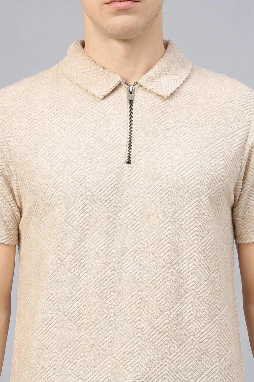 Beige Jacquard Plain Regular Fit Zipper Polo Exclusive T-shirt