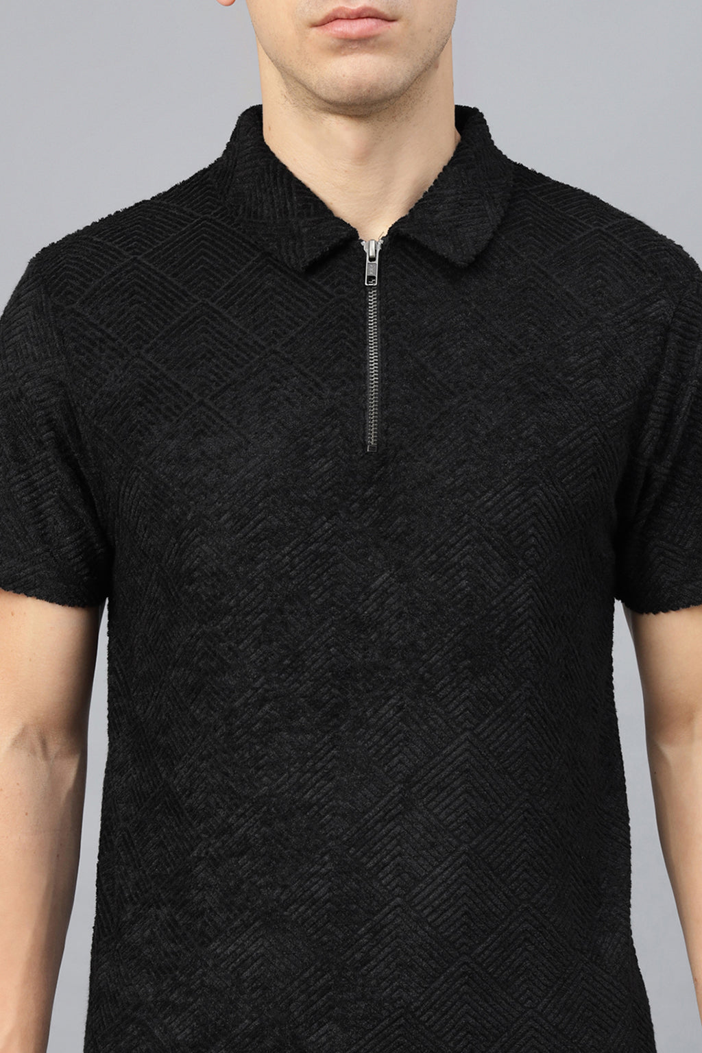 Black Jacquard Plain Regular Fit Zipper Polo Exclusive T-shirt