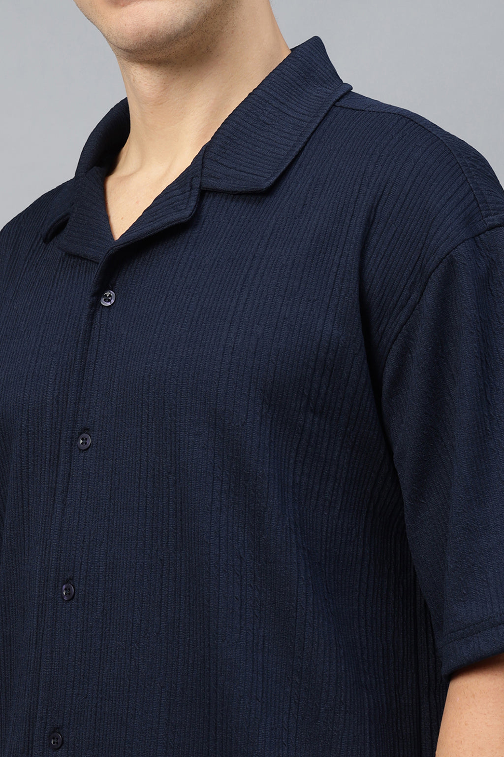 Navy Textured Plain Oversized Exclusive Shirt