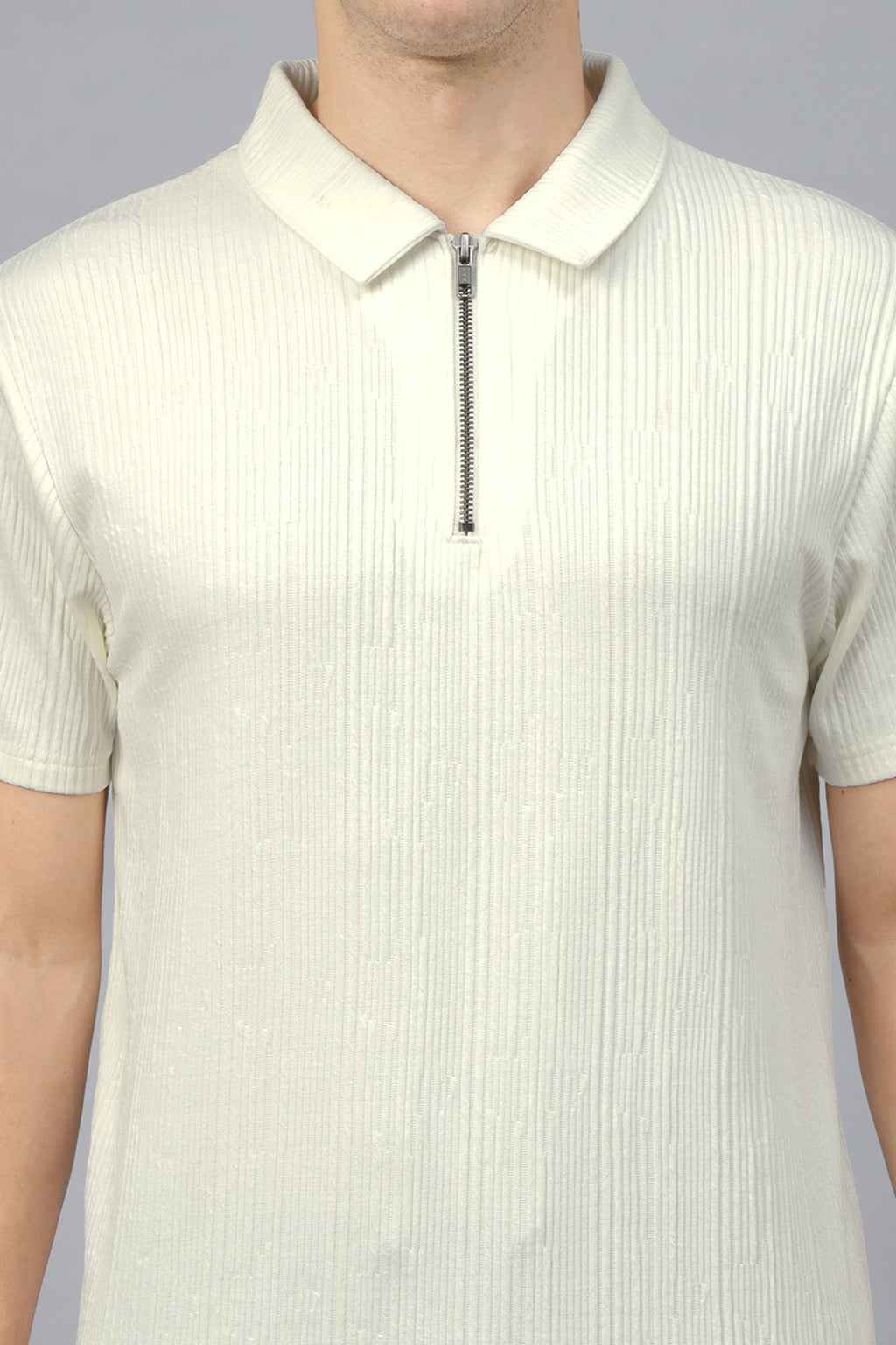 White Textured Plain Regular Fit Zipper Polo Exclusive T-shirt