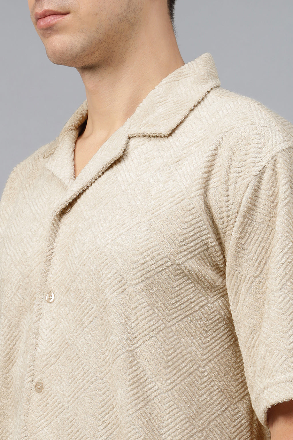 Beige Jacquard Plain Oversized Exclusive Shirt