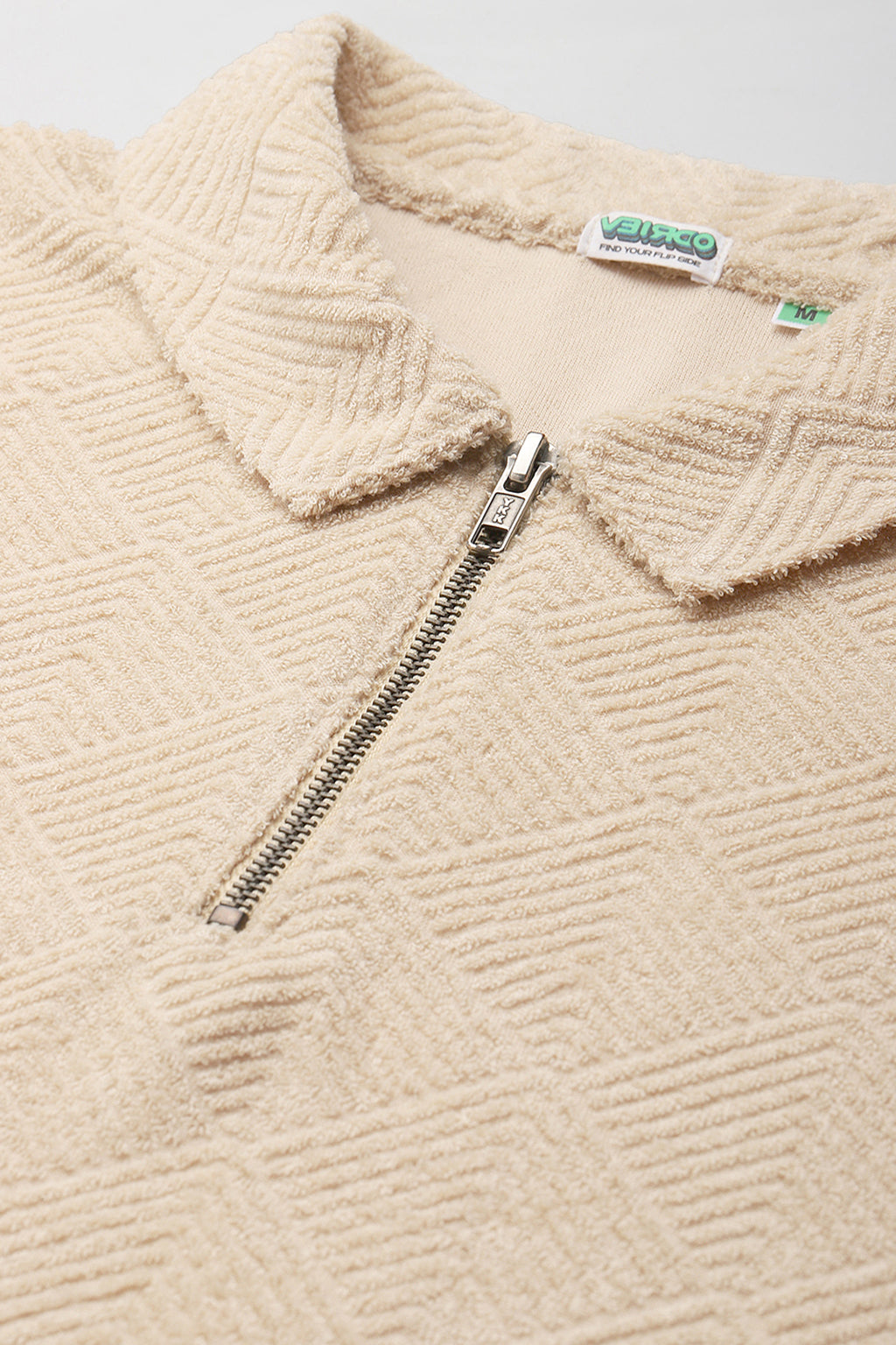 Beige Jacquard Plain Regular Fit Zipper Polo Exclusive T-shirt