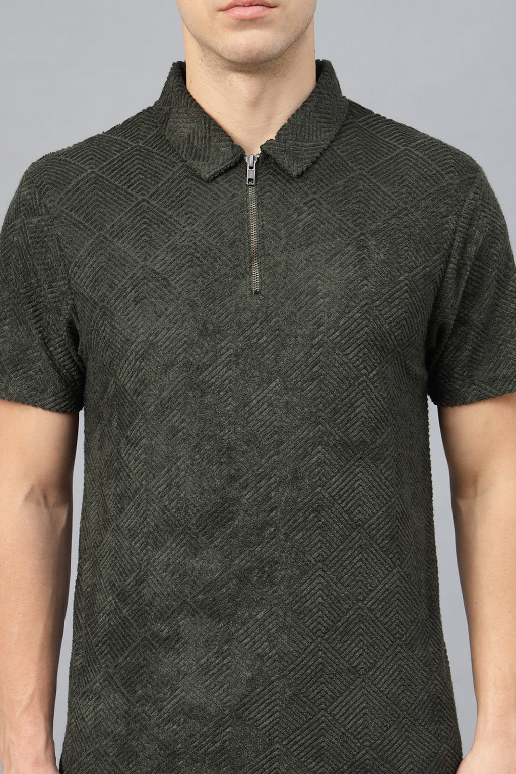 Olive Jacquard Plain Regular Fit Zipper Polo T-shirt