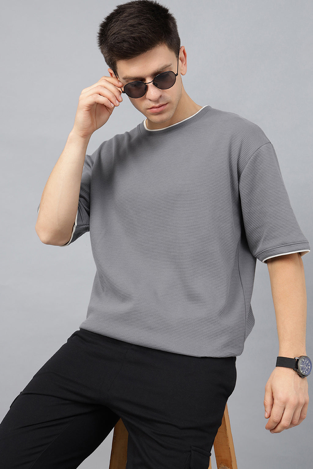 Grey & Mushroom Textured Plain Oversized Exclusive T-shirt