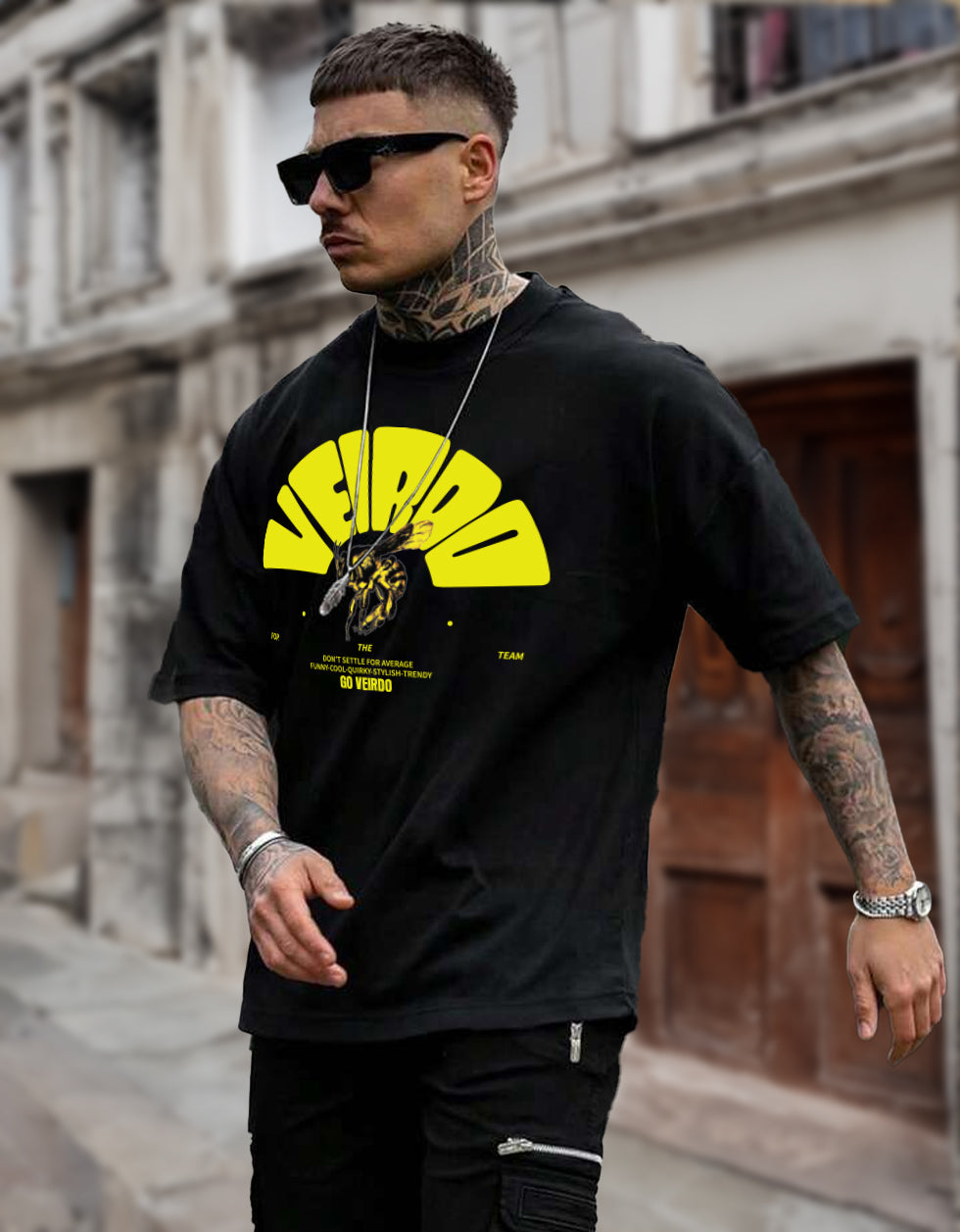 Veirdo Black Oversized Chest Graphic Printed T-shirt