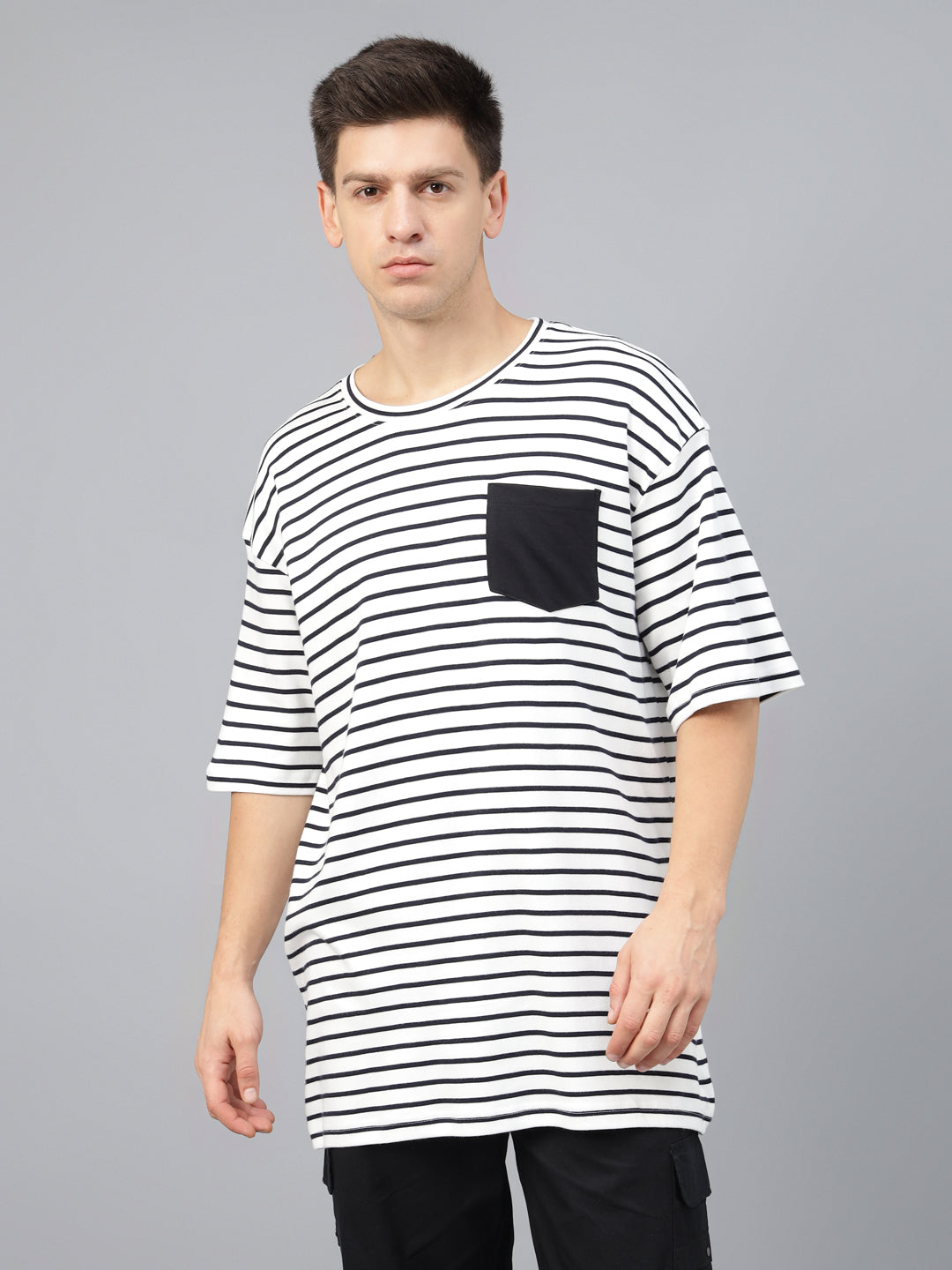 Black & White Textured Stripe Oversized Exclusive T-shirt