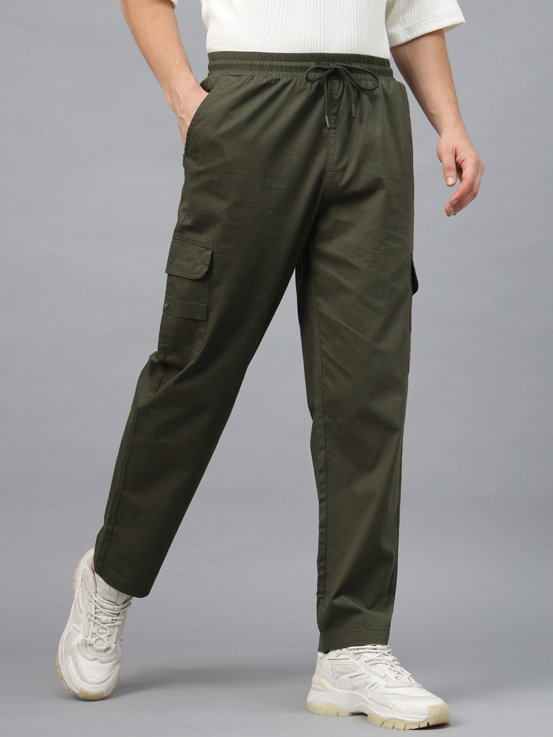 Olive Pure Cotton Baggy Fit 4 Pocket Cargo