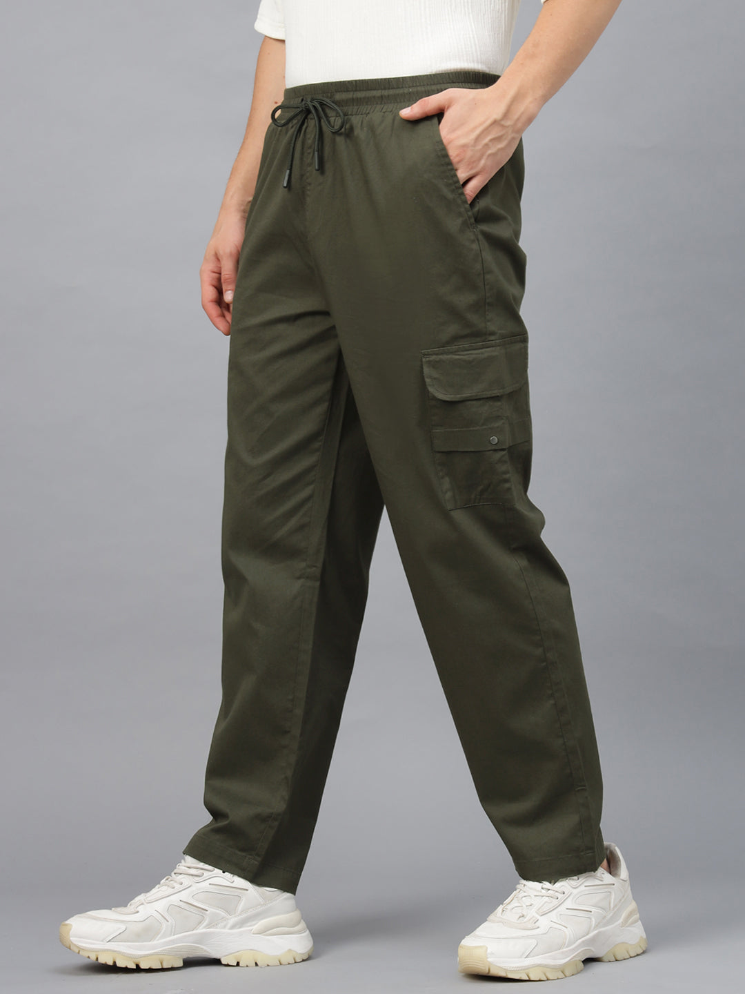 Olive Pure Cotton Baggy Fit 4 Pocket Cargo