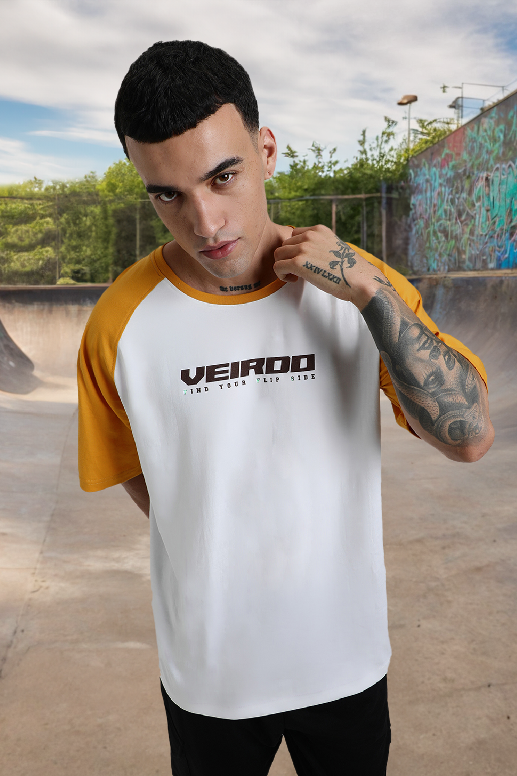 White-Yellow Raglan Oversized Typography Printed T-shirt