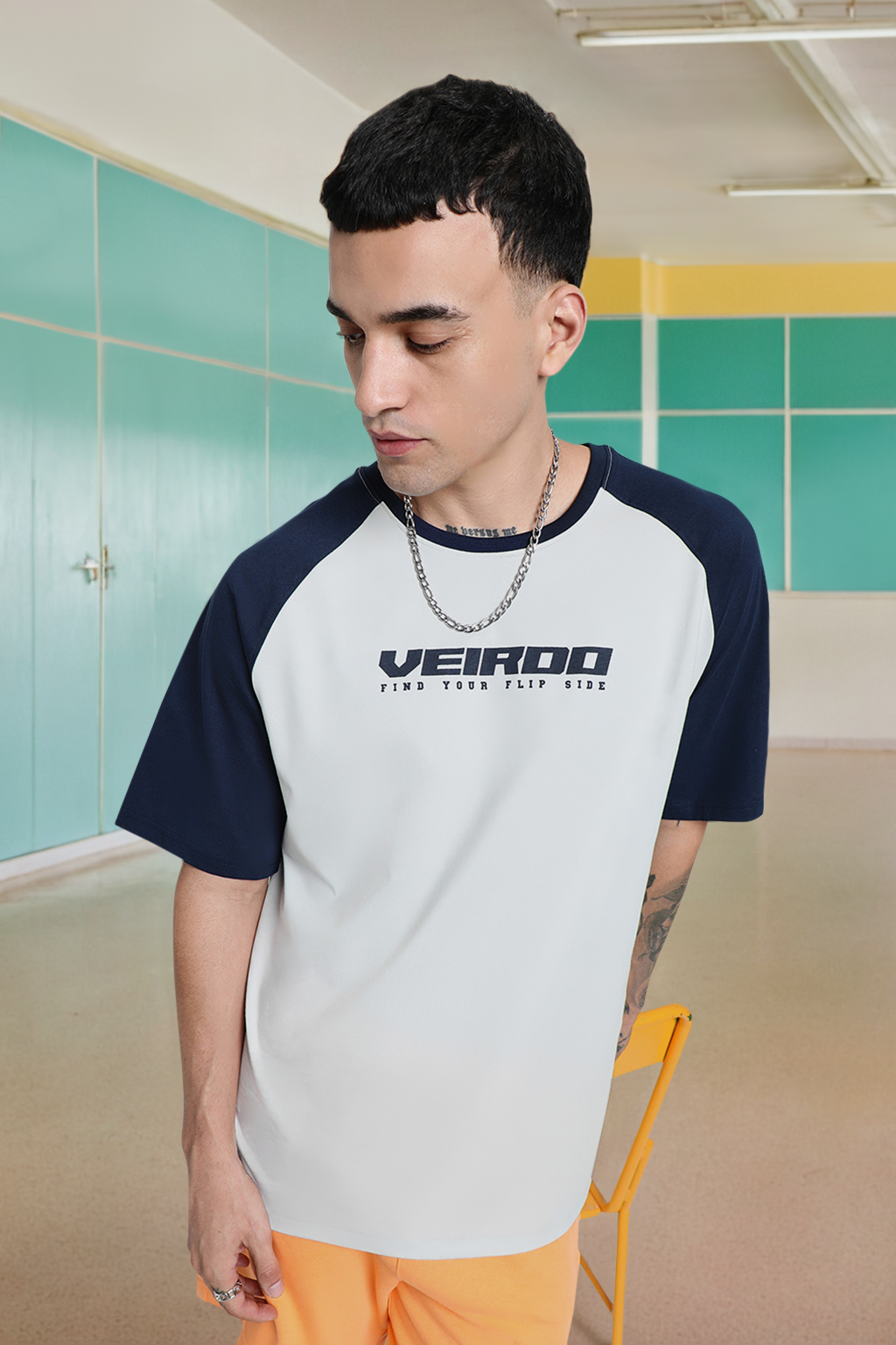 Grey-Navy Raglan Oversized Typography Printed T-shirt