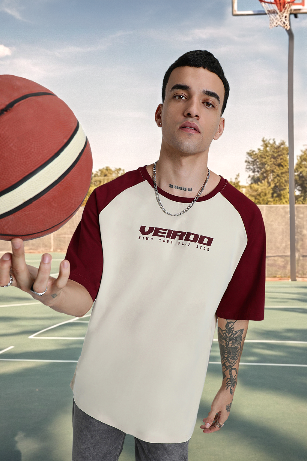Swanwhite-Maroon Raglan Oversized Typography Printed T-shirt