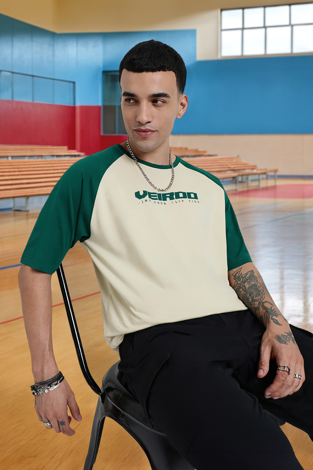 Swanwhite-Bottle Green Raglan Oversized Typography Printed T-shirt