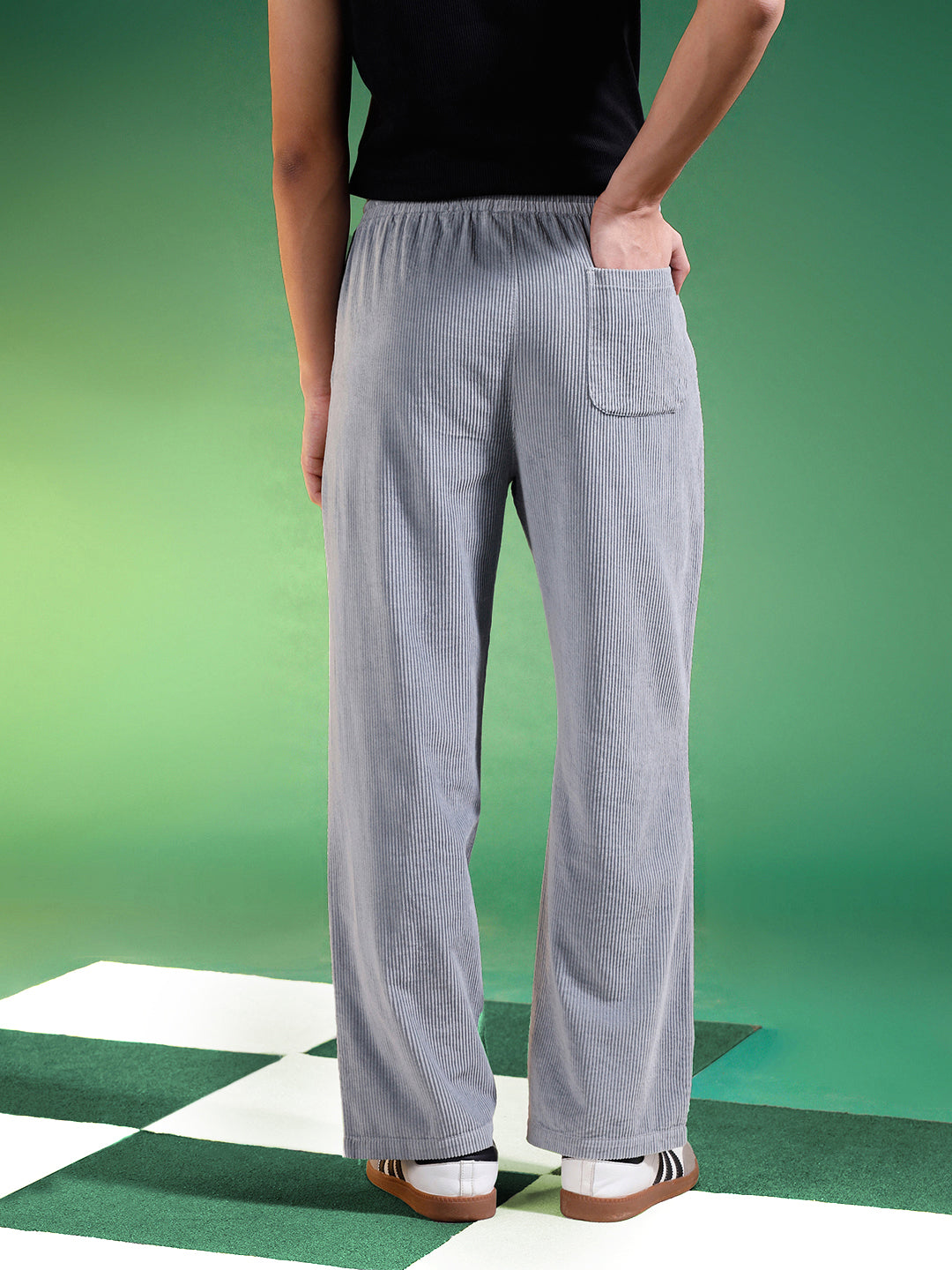 Light Grey Lining Pattern Plain Corduroy Pants