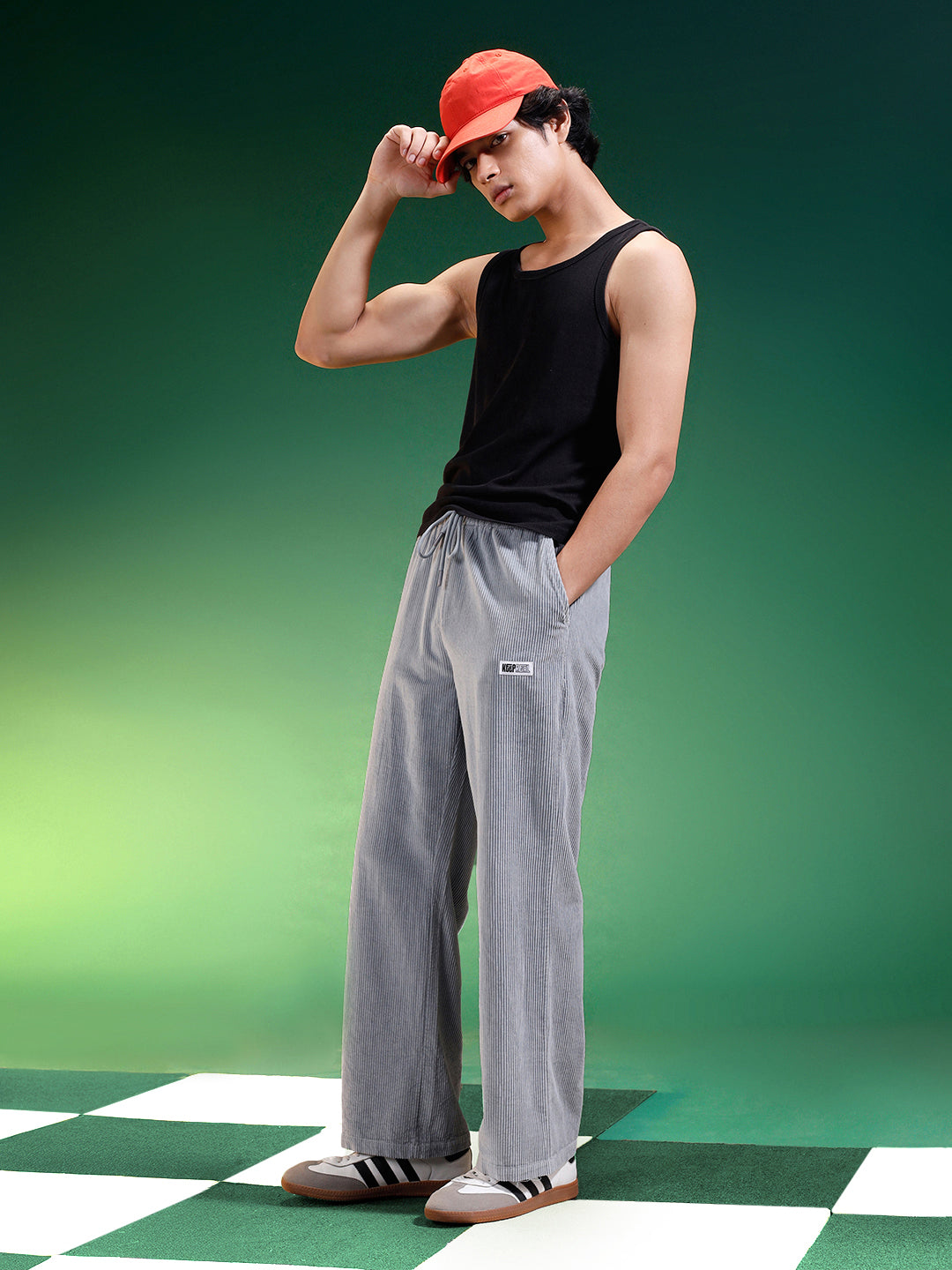 Light Grey Lining Pattern Plain Corduroy Pants