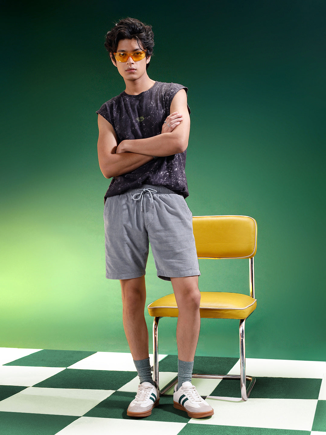 Light Grey Lining Pattern Plain Corduroy Shorts