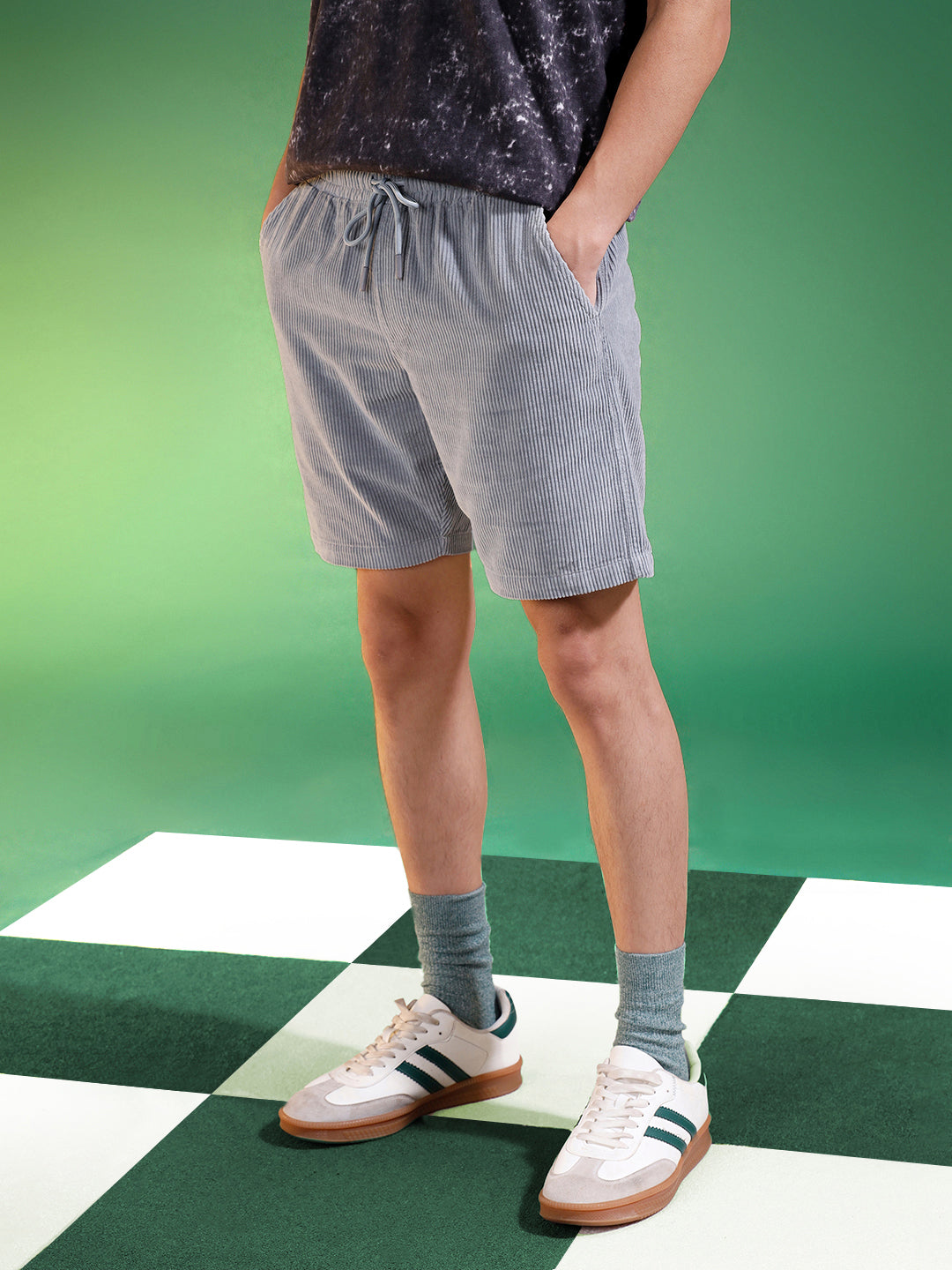 Light Grey Lining Pattern Plain Corduroy Shorts
