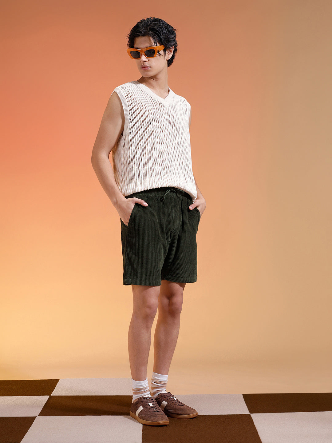 Olive Lining Pattern Plain Corduroy Shorts