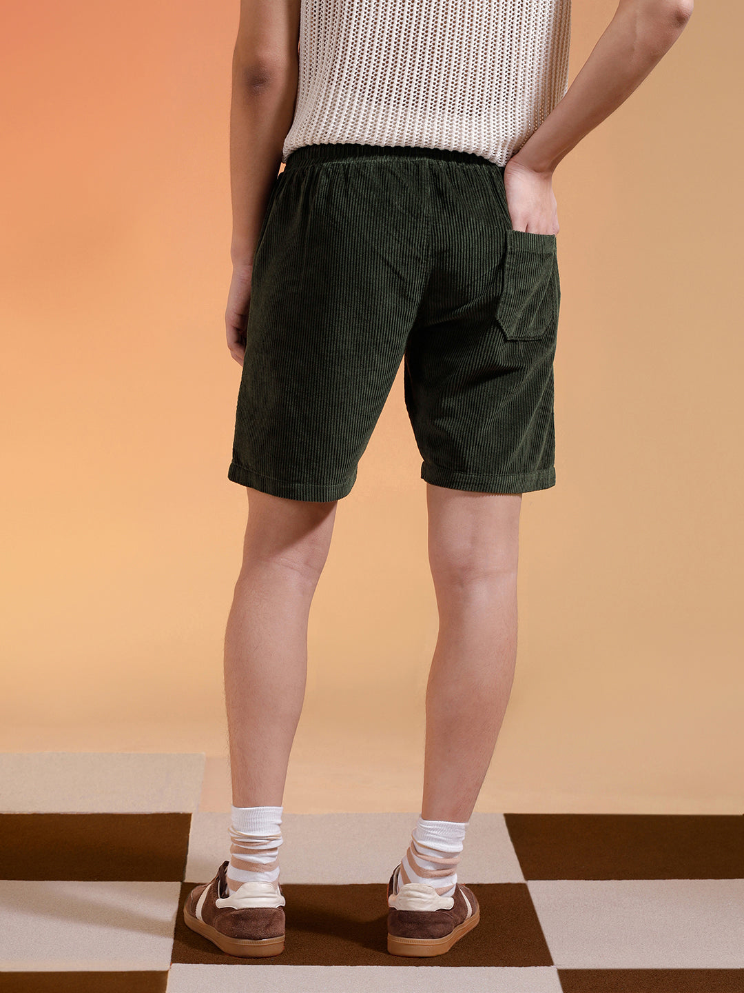 Olive Lining Pattern Plain Corduroy Shorts