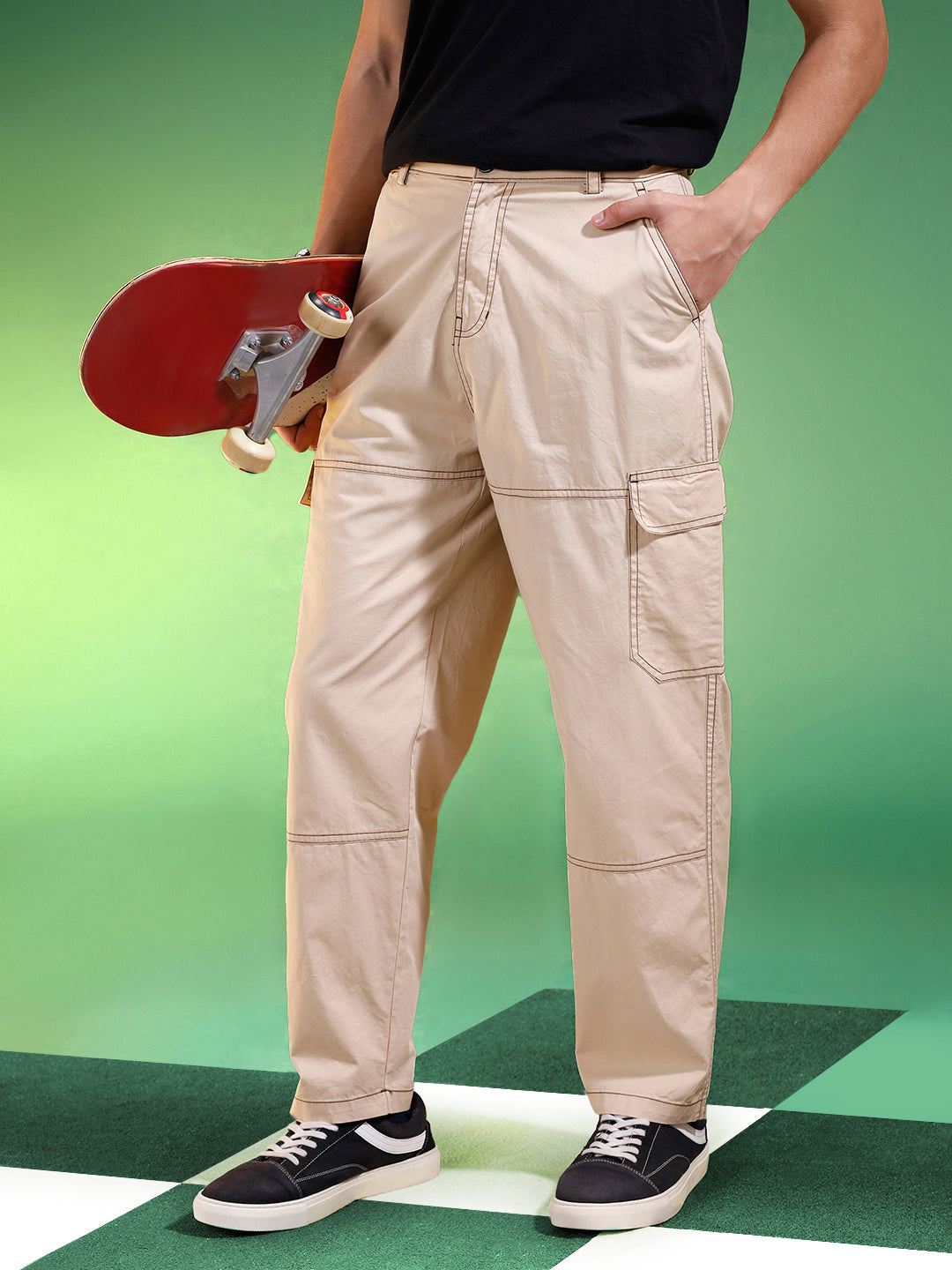 Beige Pure Woven Straight Fit 5 Pocket Cargo