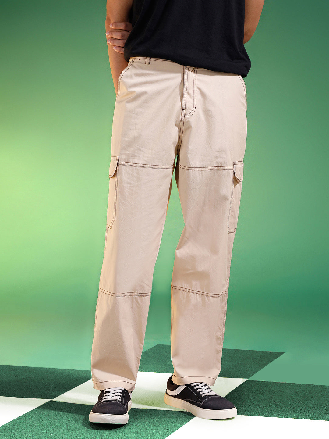 Beige Pure Woven Straight Fit 5 Pocket Cargo