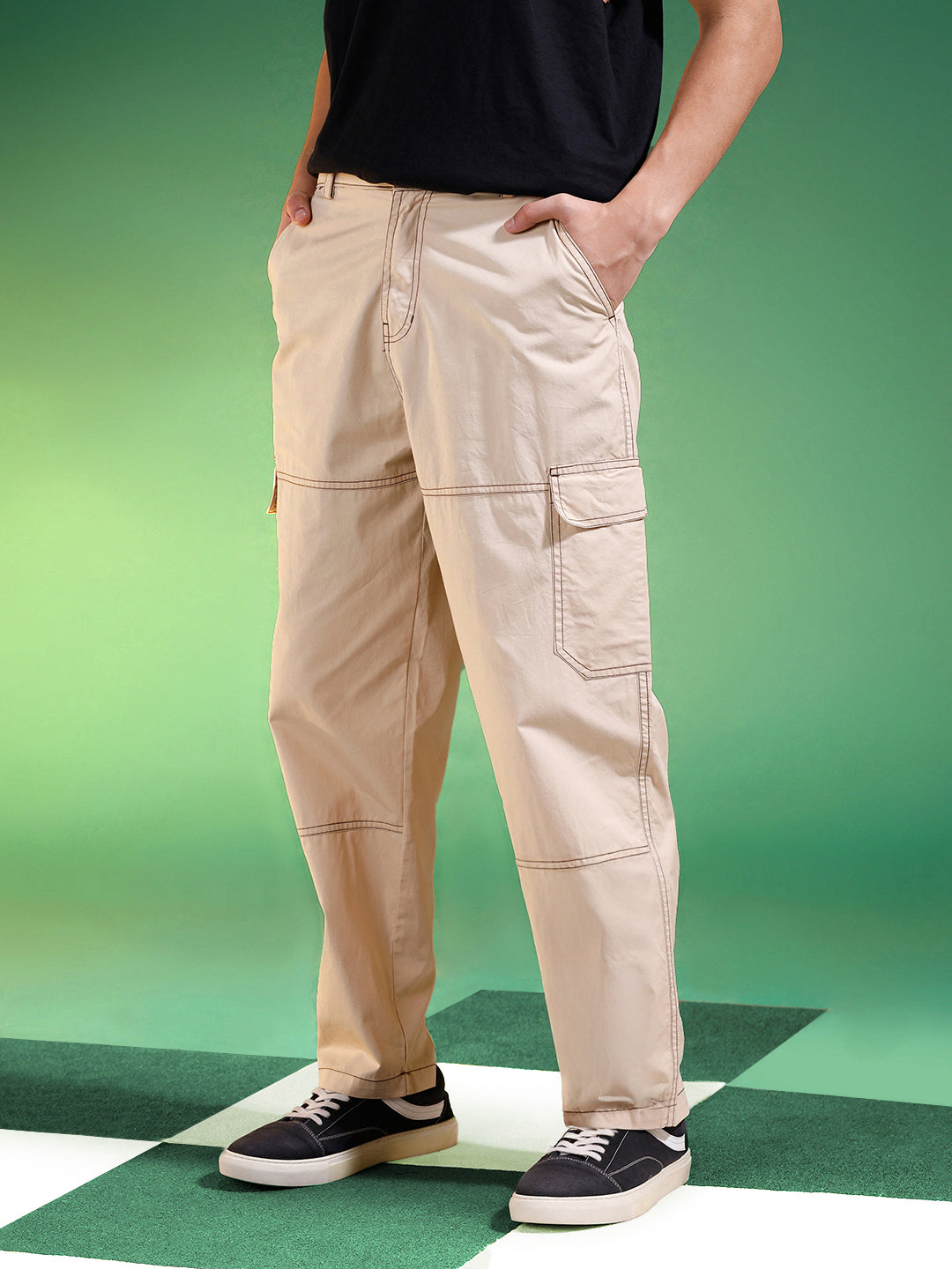 Beige Pure Woven Straight Fit 5 Pocket Cargo