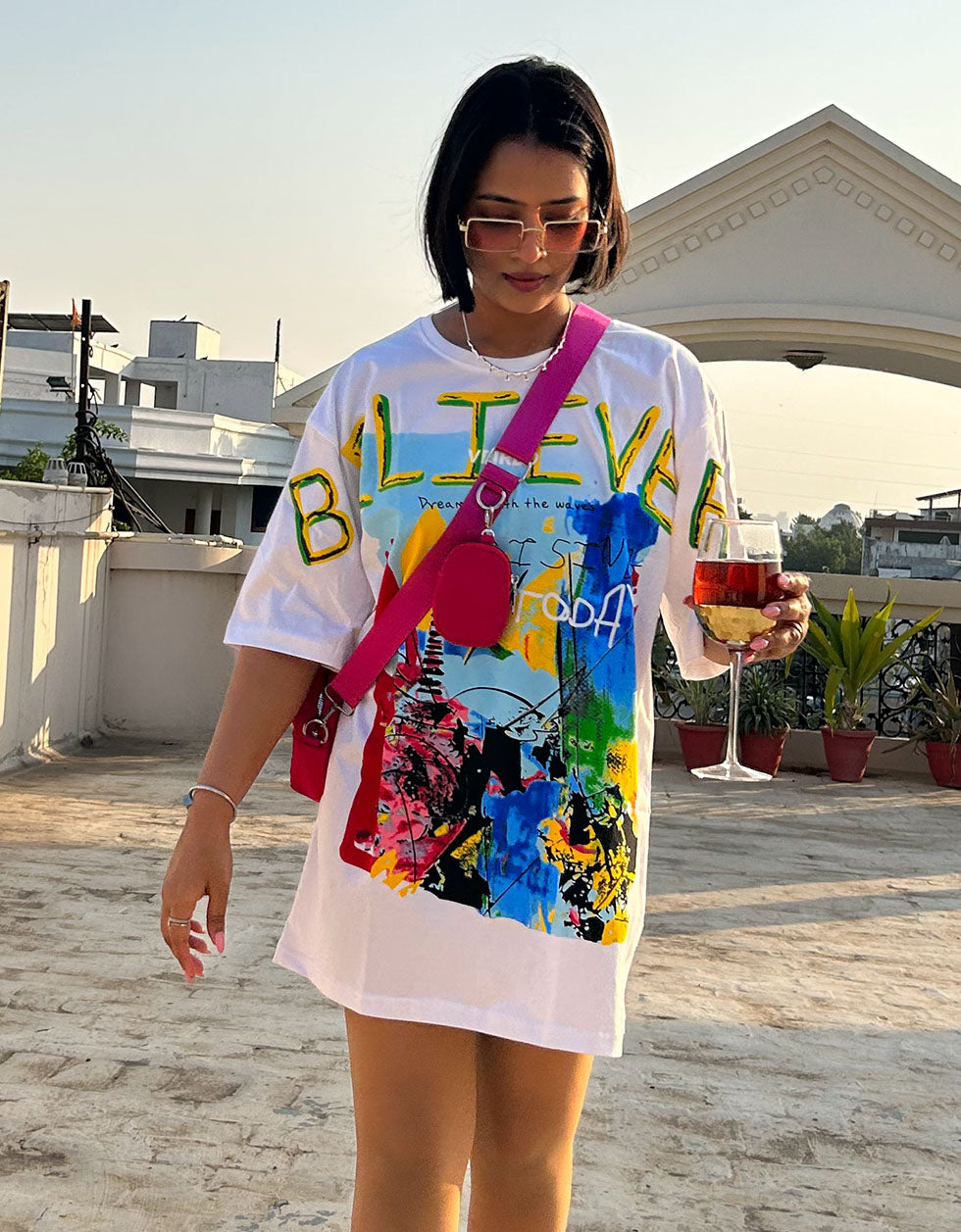 White 'Believer free  Front Print Women's Oversize Tee Veirdo