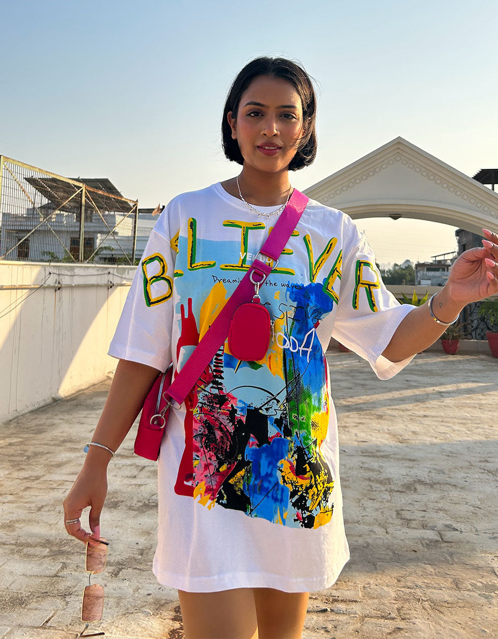White 'Believer free  Front Print Women's Oversize Tee Veirdo
