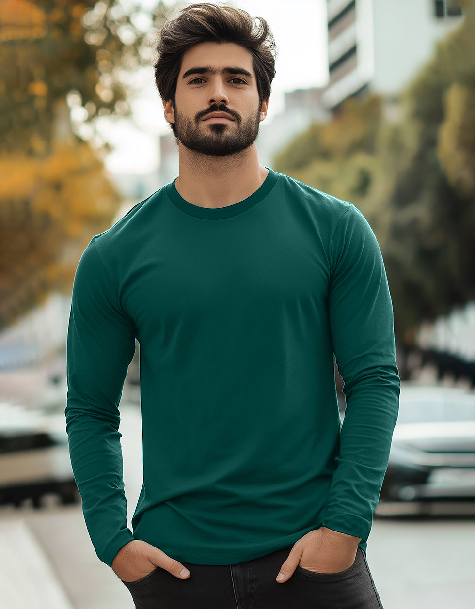 Green Plain Full Sleeves Regular Fit T-shirt