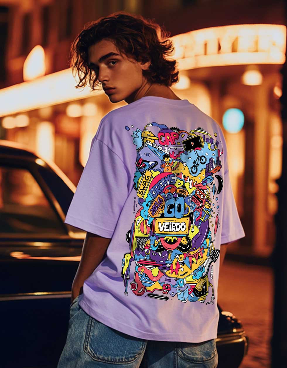 Doodle Lilac Oversized Back Graphic Printed T-shirt
