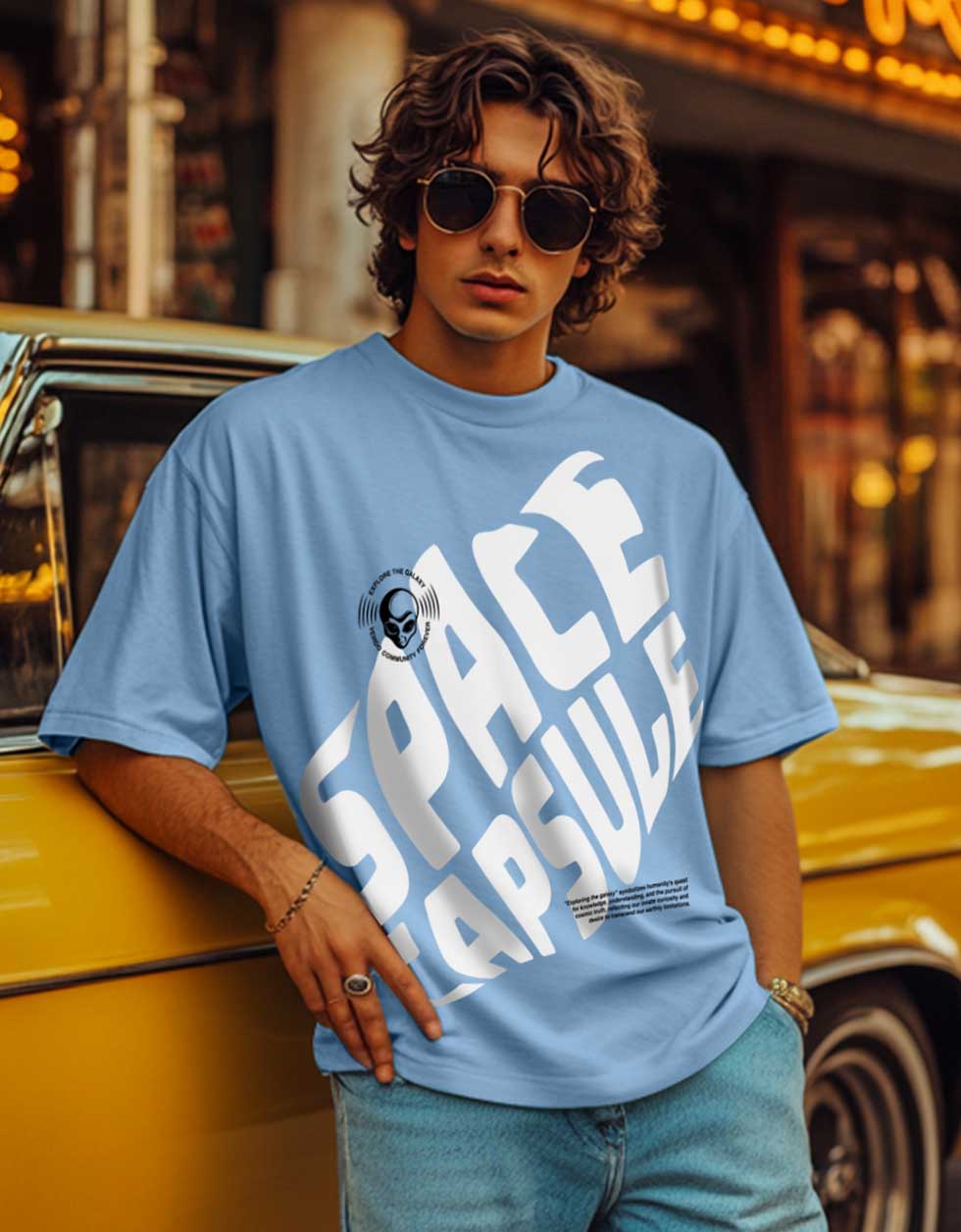 SPACE CAPSULE Blue Oversized Front Graphic Printed T-shirt