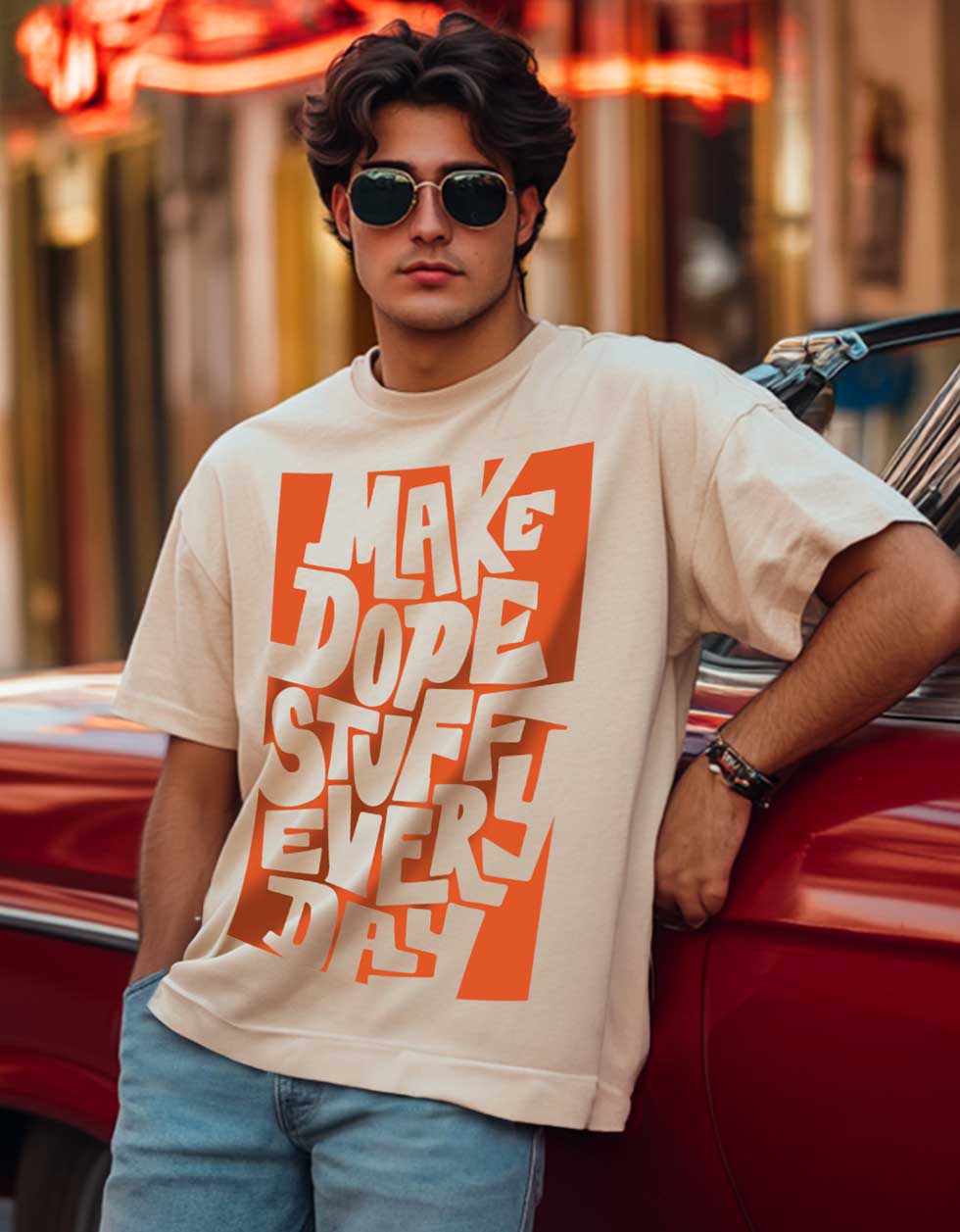 Dope Stuff Beige Oversized Front Graphic Printed T-shirt