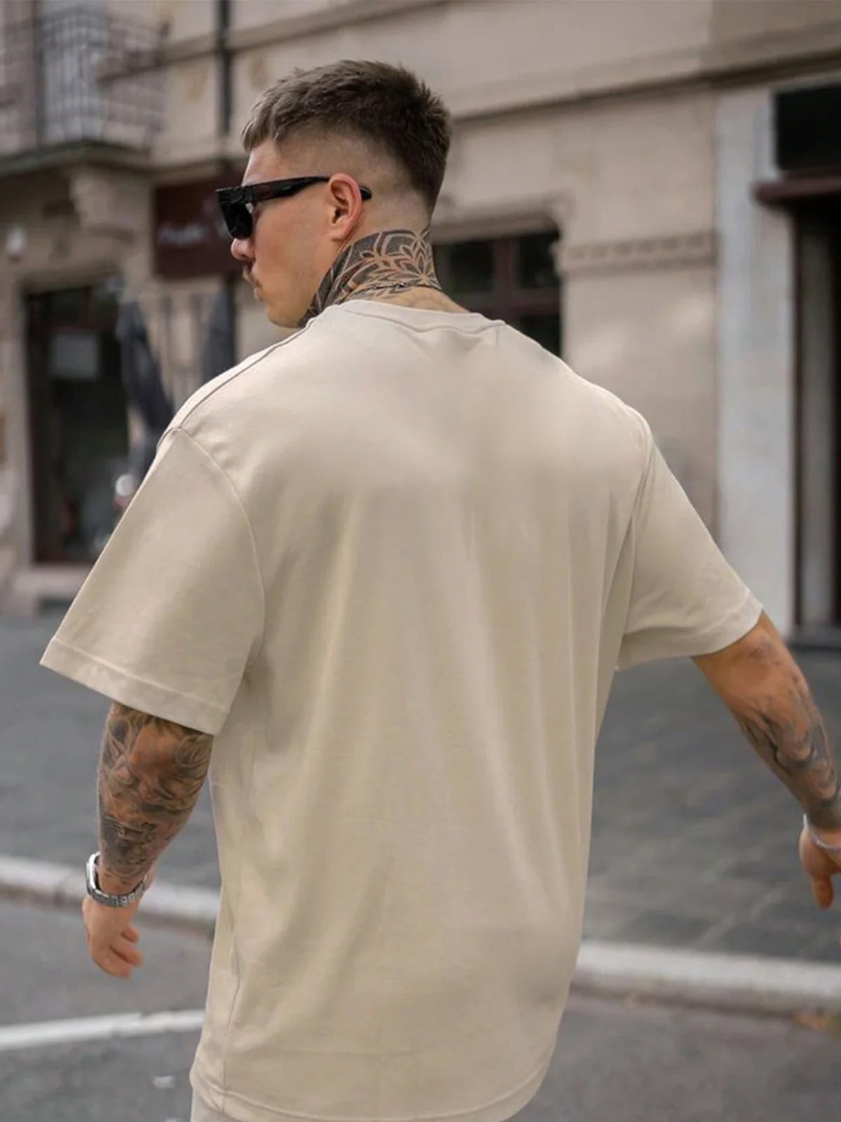 Floppy Beige Oversized Pocket Graphic Printed T-shirt