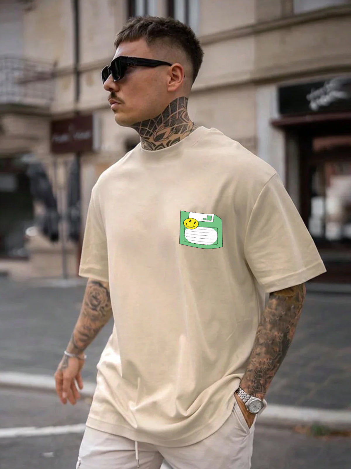 Floppy Beige Oversized Pocket Graphic Printed T-shirt