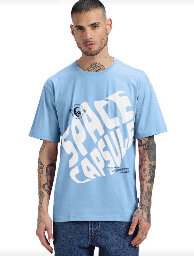 SPACE CAPSULE Blue Oversized Front Graphic Printed T-shirt
