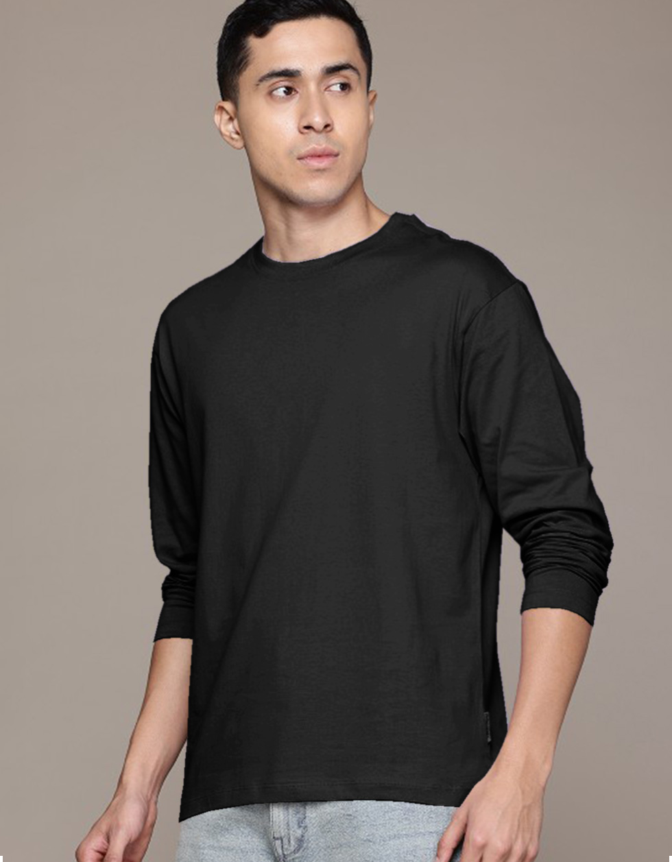 Black Plain Full Sleeves Regular Fit T-shirt