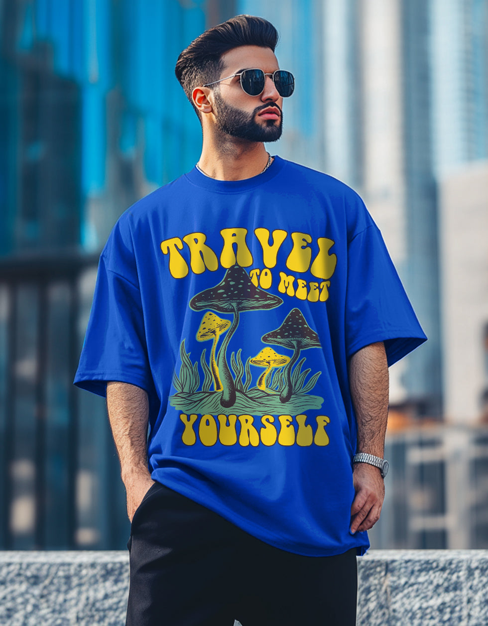 Travel Blue Oversized Chest Graphic Printed T-shirt