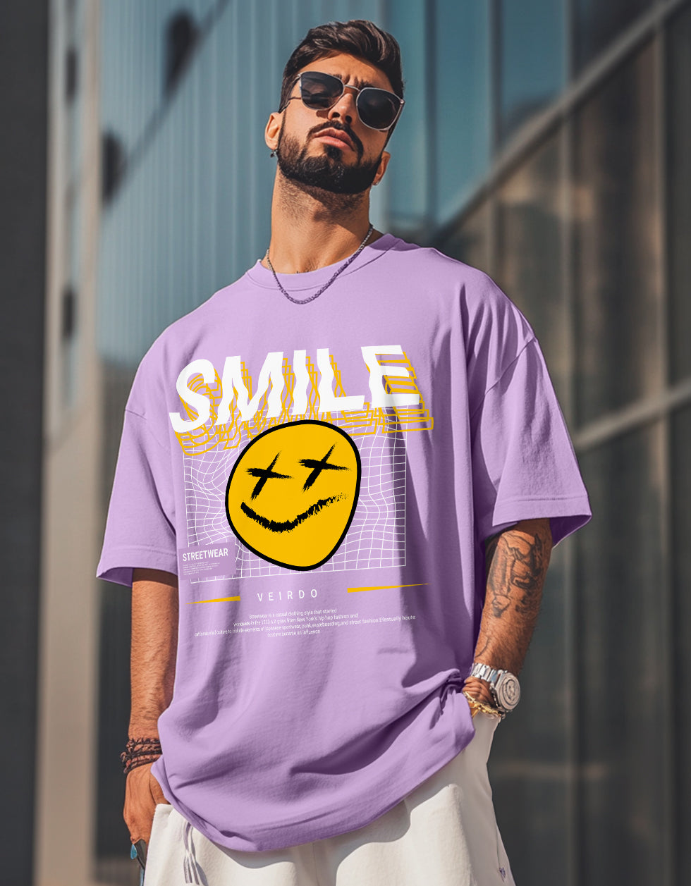 Smile Lilac Oversized Chest Graphic Printed T-shirt